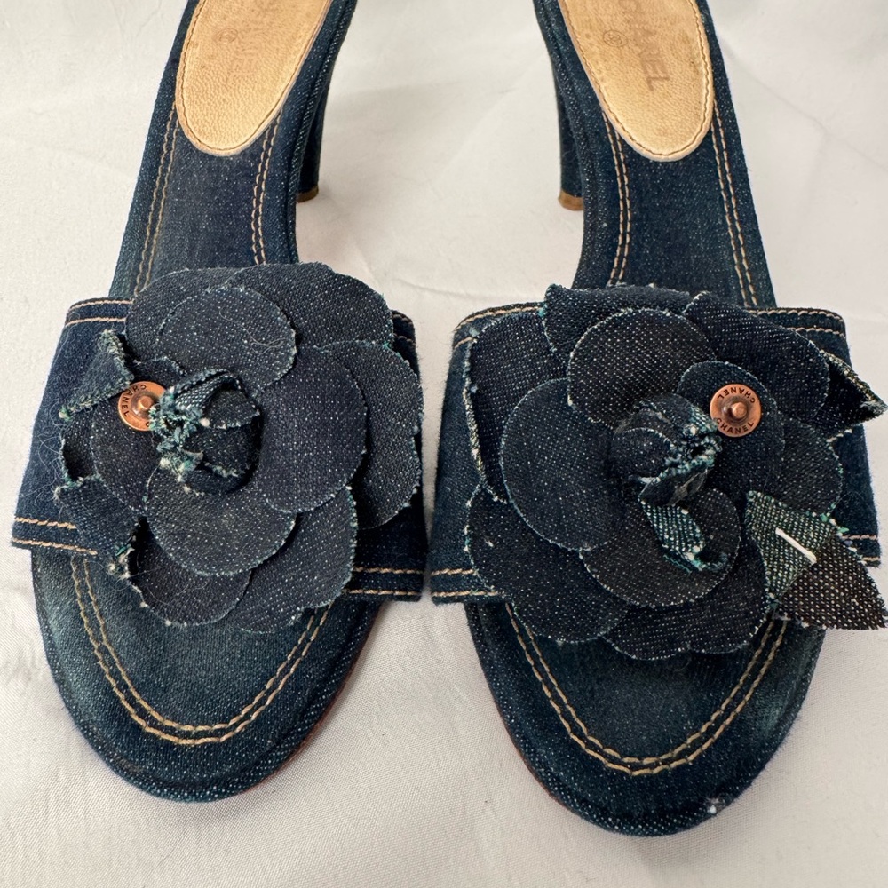 CHANEL Denim Blue Camellia Mules